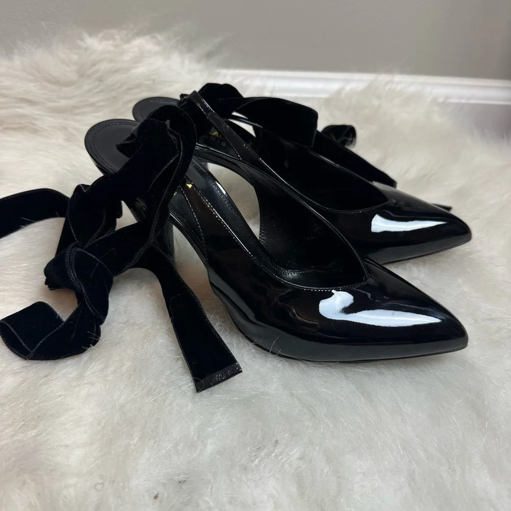 Saint Laurent Kika 55 Lace Up Patent Leather Sling Back Heels - Picture 3 of 11